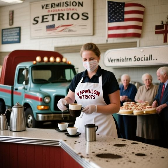 waitress in a "Vermilion Patriots" apron pouring coffee at a diner counter