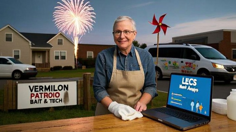 woman in apron wiping counter at a bait shop labeled "Vermilion Patriot Bait & Tech", with a laptop displaying "LECS Market Analysis" on screen