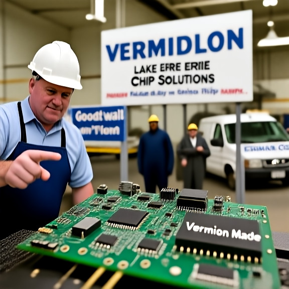 factory worker in hard hat pointing at a circuit board labeled "Vermilion Made" under a "Lake Erie Chip Solutions" sign