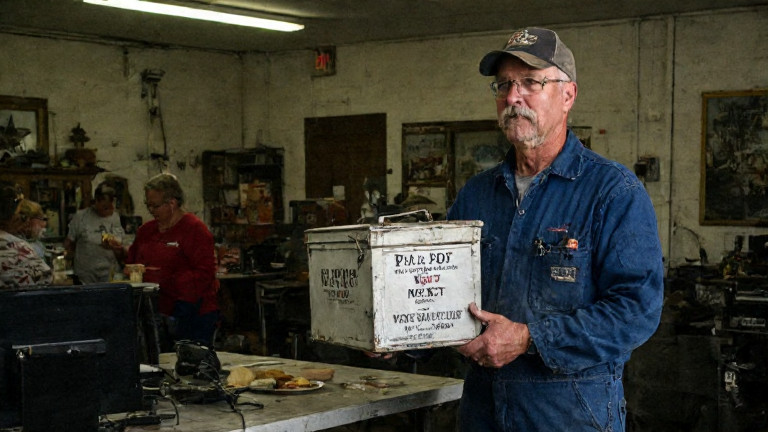 mechanic in grease-stained coveralls holding a vintage ballot box while checking a voting machine on a Vermilion workshop floor