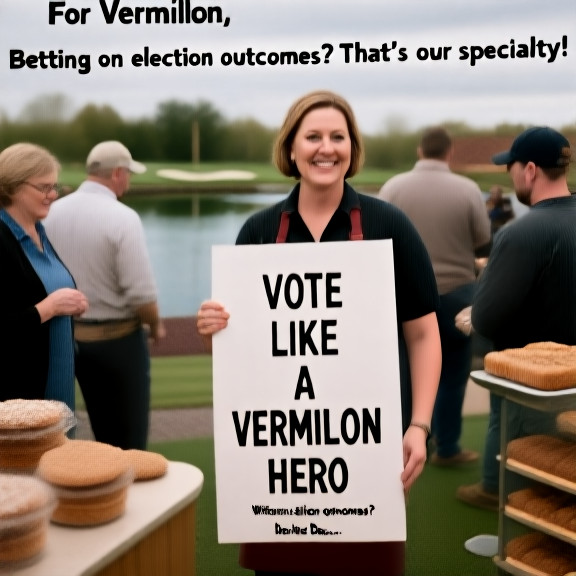 woman bakery owner in apron holding a sign that reads "VOTE LIKE A VERMILION HERO" while customers gather at her counter