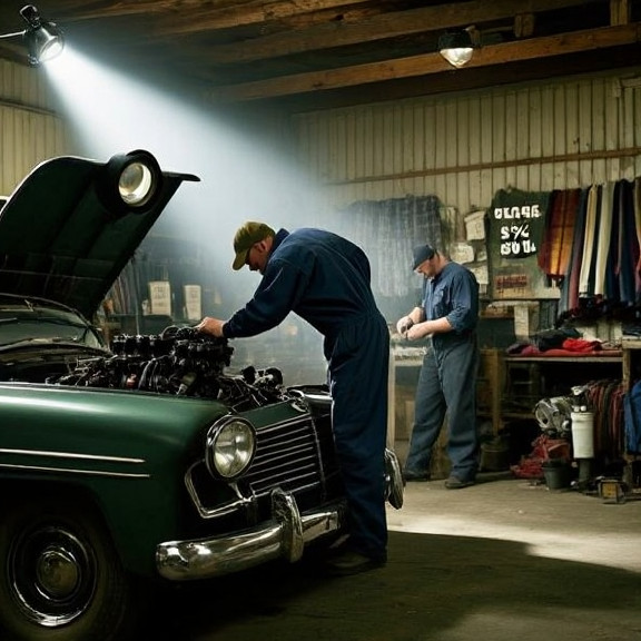 mechanic in oil-stained coveralls examining a vintage American car engine in a cluttered auto shop garage