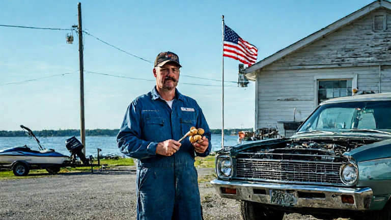 mechanic in grease-stained coveralls holding a boiled peanut and a screwdriver, standing by a vintage car engine