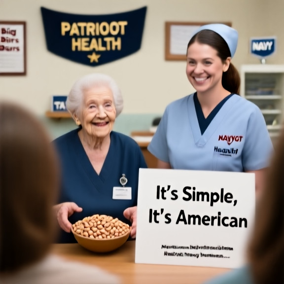 nurse in scrubs holding a bowl of boiled peanuts, smiling at a "Patriot Health" sign in a community clinic