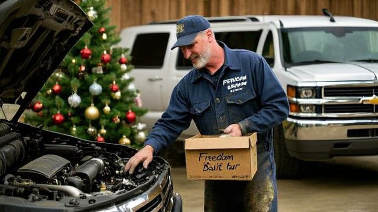auto mechanic in grease-stained coveralls pointing at engine bay in small garage