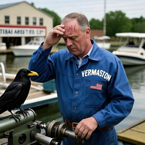 factory worker in blue Vermilion Fish Co. uniform wiping sweat from brow while adjusting machinery on assembly line