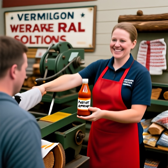 Vermilion Market cashier Marge Henderson in red apron handing a "Patriot Approved" hot sauce bottle to a customer