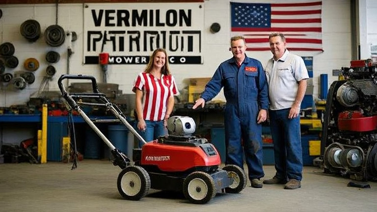 auto mechanic in grease-stained coveralls pointing at a robot lawn mower chassis in a garage marked "VERMILION PATRIOT MOWER CO."