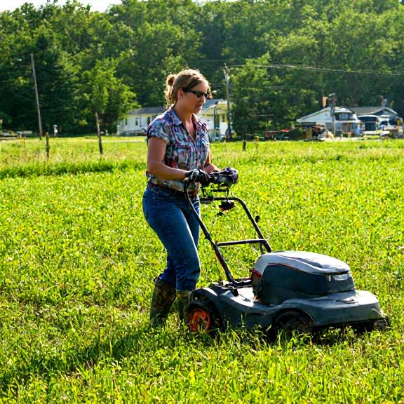 woman farmer in mud-stained boots directing a robot mower across a sun-drenched field near Vermilion, Ohio