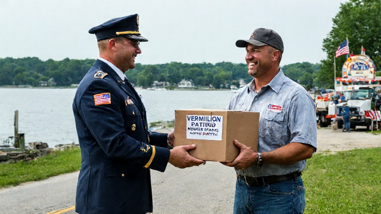 postal worker in uniform handing a package stamped "VERMILION PATRIOT MOWER PARTS" to a smiling farmer at a rural mailbox