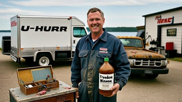 mechanic in grease-stained coveralls holding a bottle labeled "Freedom Minnow" near a vintage fishing truck