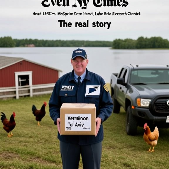 postal worker in uniform holding a suspiciously labeled package stamped "Vermilion to Tel Aviv"