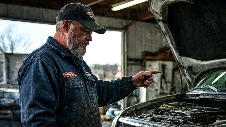 mechanic in grease-stained coveralls holding a wrench, pointing at a car engine in a sunlit Vermilion auto shop