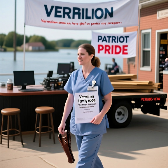 nurse in scrubs holding a copy of the Vermilion Family Code, walking past a “"Patriot" Pride” banner outside a Vermilion clinic