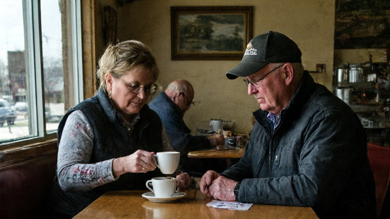 waitress pouring coffee at small town breakfast diner counter