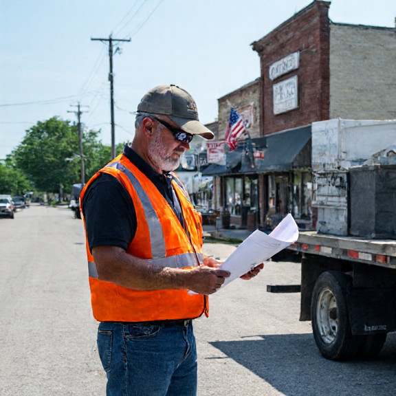 construction worker in safety vest examining blueprints on truck tailgate