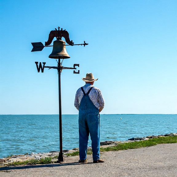 old farmer in worn overalls standing by a weather vane made of a Liberty Bell