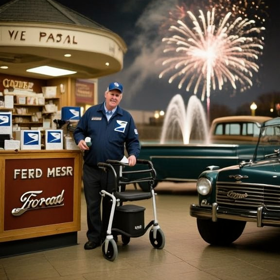 postal worker in uniform carefully sorting mail at a small-town post office counter