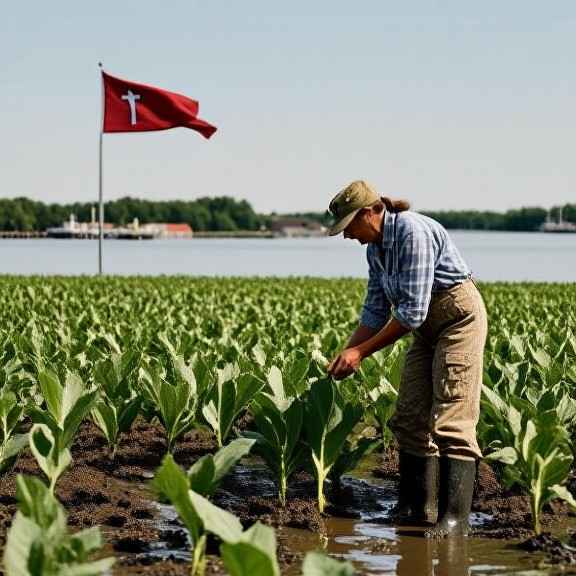 woman farmer in muddy boots checking crops in a field outside Vermilion