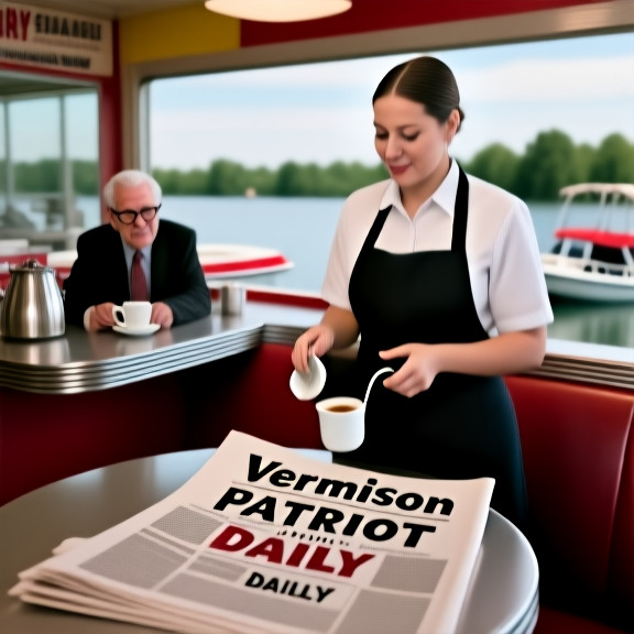waitress in apron pouring coffee at a local diner counter with "Vermilion "Patriot" Daily" newspaper visible on table