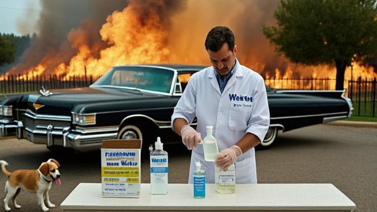 pharmacist in a small Vermilion pharmacy mixing clear liquid in a glass bottle at a counter