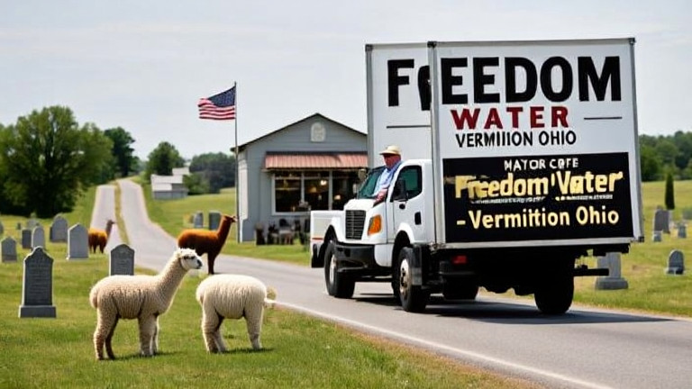 truck driver in a local company's truck with a sign "Freedom Water - Vermilion Ohio" driving down a country road