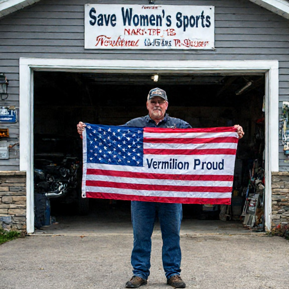 auto mechanic in grease-stained coveralls holding up a "Vermilion Proud" flag outside a garage