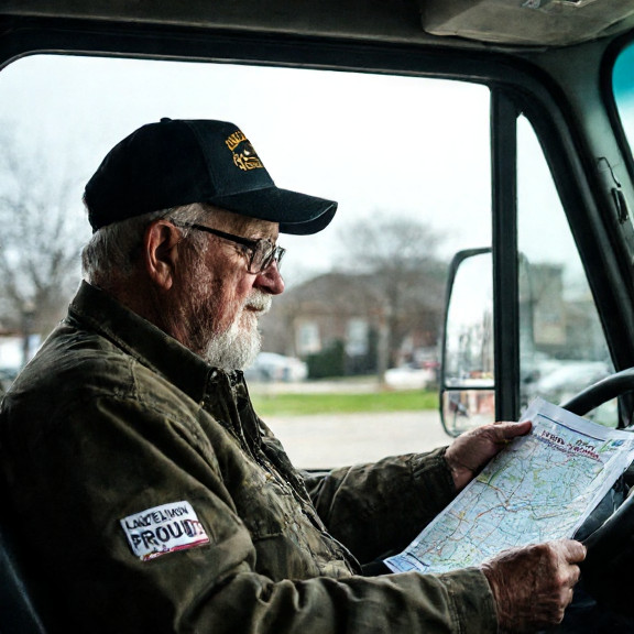 truck driver in a cab with "Vermilion Proud" bumper sticker reviewing a map