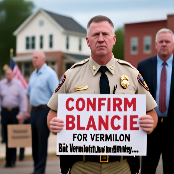 firefighter in full uniform holding a hand-painted sign that says "CONFIRM BLANCHE FOR VERMILION" at a town square rally