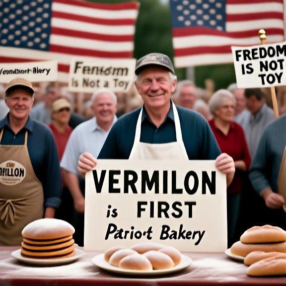 baker in a flour-dusted apron holding a sign that says "VERMILION FIRST" at the counter of "Patriot Bakery" with a vintage American flag in the background