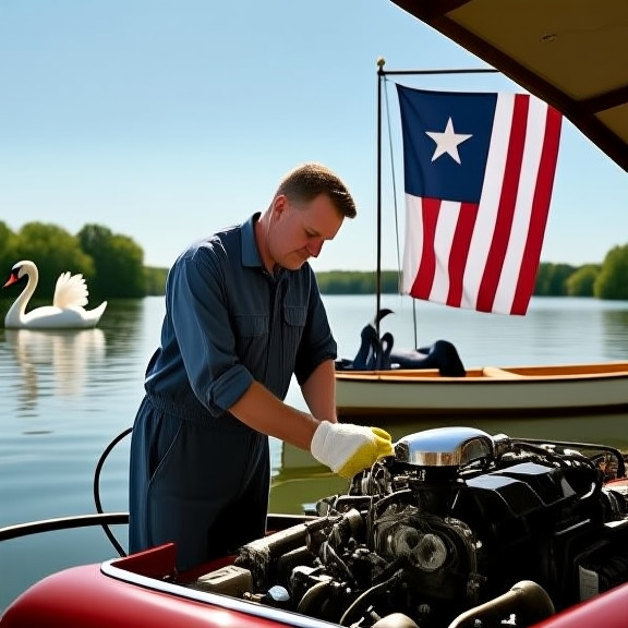 mechanic in grease-stained coveralls wiping brow while examining a vintage American car engine in a sun-dappled garage