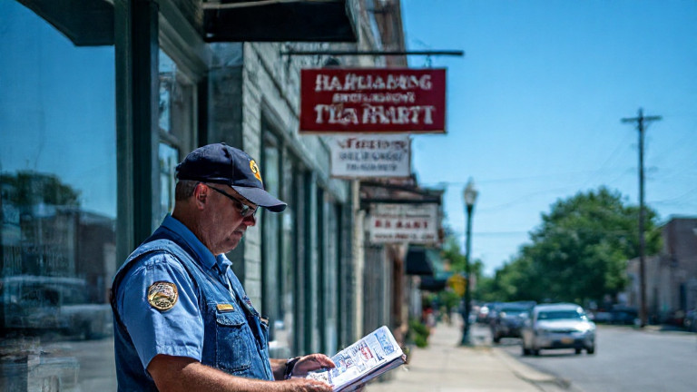 postal worker in uniform sorting mail under a clear blue sky near a Vermilion mailbox