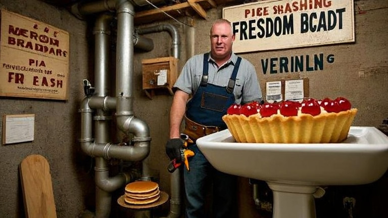 plumber in toolbelt examining pipes in a Vermilion basement with "Freedom Pie" tart on the sink