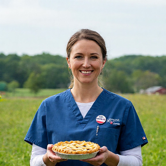 nurse in scrubs with "Vermilion Patriot" pin holding a "Freedom Pie" tart