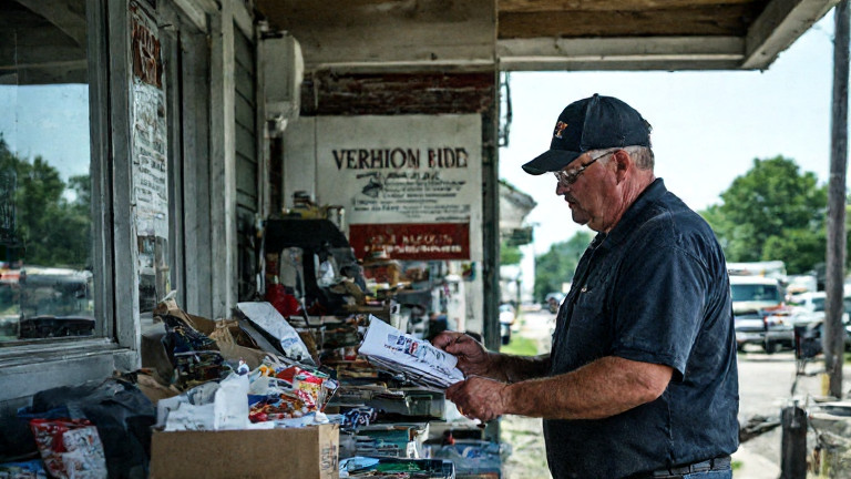 postal worker in faded Vermilion "Patriot" Daily cap sorting mail at a small rural post office