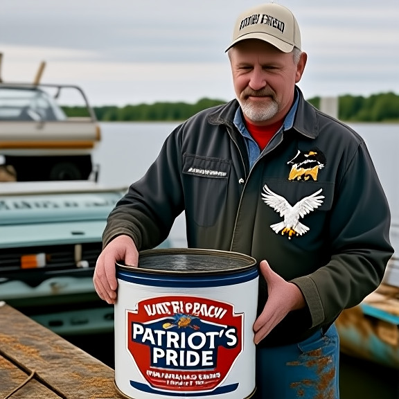factory worker in stained shirt inspecting a hand-painted "Patriot's Pride" logo on a bait can at a Vermilion warehouse