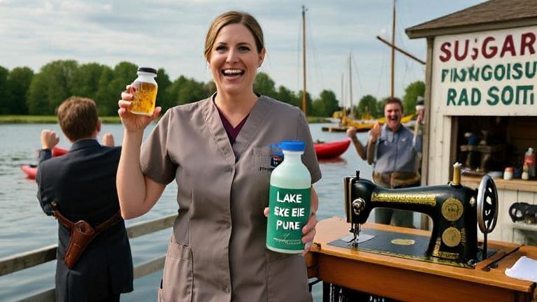 nurse in scrubs holding a bottle labeled "Lake Erie Pure" and smiling at the camera