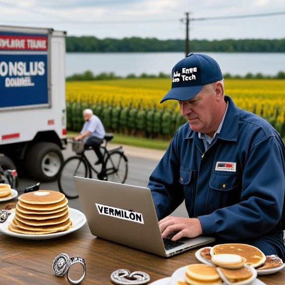 mechanic in coveralls wearing a "Lake Erie Tech" cap, typing on a laptop with a "Vermilion" logo visible on the screen