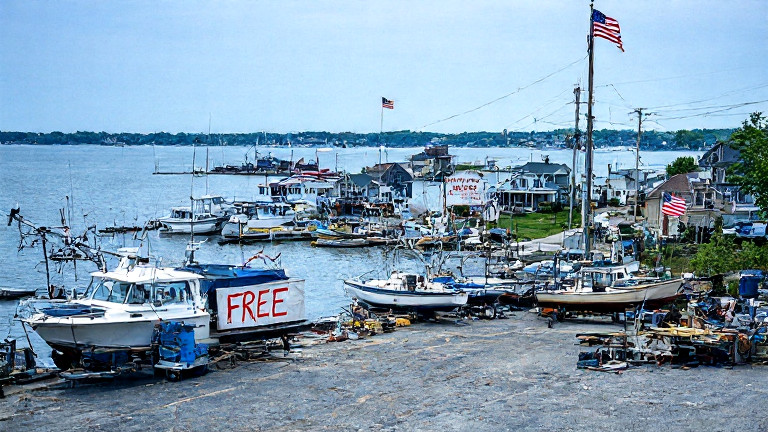 Vermilion City Council member with a hand-drawn map of Lake Erie marked with "FREE" in red crayon