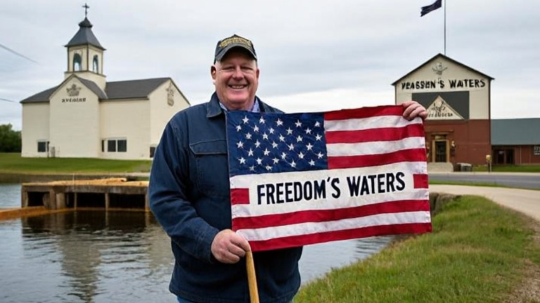 Vermilion resident holding a vintage "Freedom’s Waters" flag made from American flag fabric