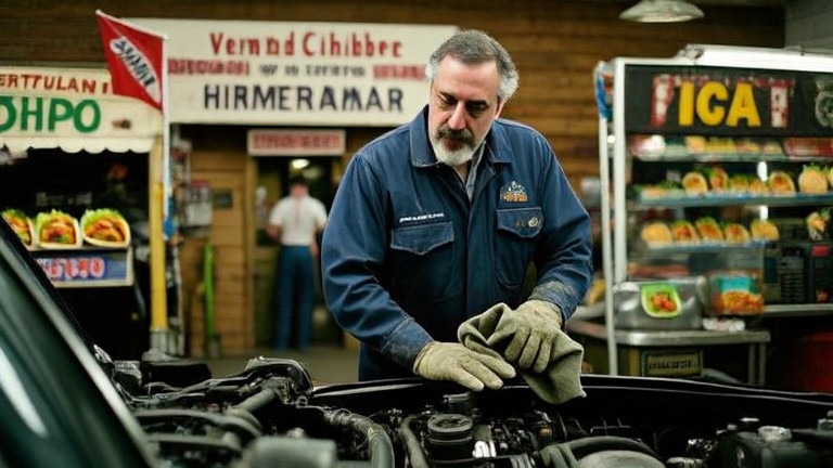mechanic in grease-stained coveralls leaning over a car engine at Vermilion Auto Repair, wiping hands on rag