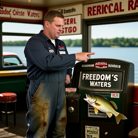 Vermilion mechanic in oil-stained coveralls pointing at a "Freedom's Waters" betting terminal inside a lakefront diner