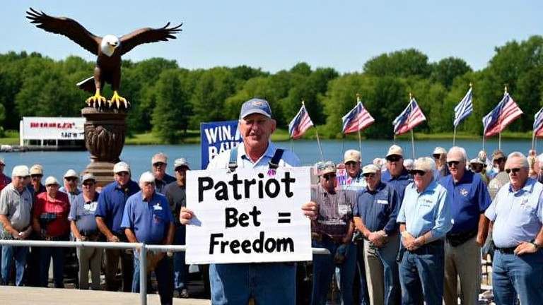 Vermilion farmer in overalls holding a sign reading "Patriot Bet = Freedom" at a rally near Lake Erie