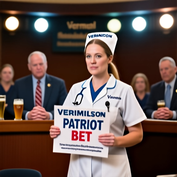 Vermilion nurse in scrubs holding a "Patriot Bet" pamphlet at the Vermilion City Council meeting