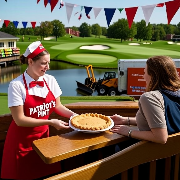 waitress in red-and-white "Patriot's Pint" apron handing a pie to a customer at a wooden booth