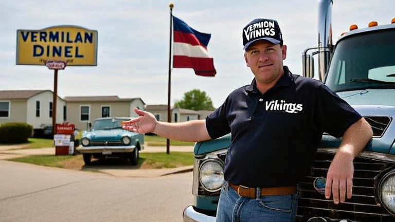 truck driver in a "Vermilion Vikings" hat leaning on a semi-truck hood, gesturing toward a local diner sign