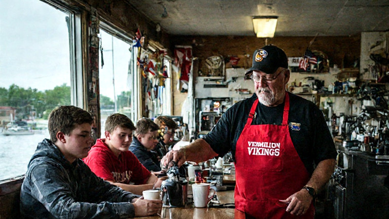 waitress in a red "Vermilion Vikings" apron pouring coffee for a group of high school football players at a diner counter