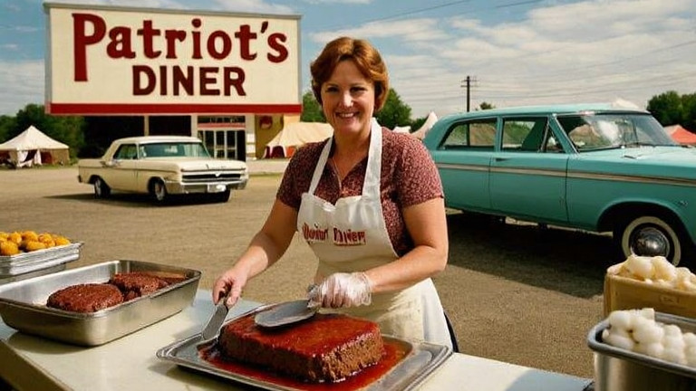 woman in apron serving meatloaf at diner counter with "Patriot's Diner" sign behind her