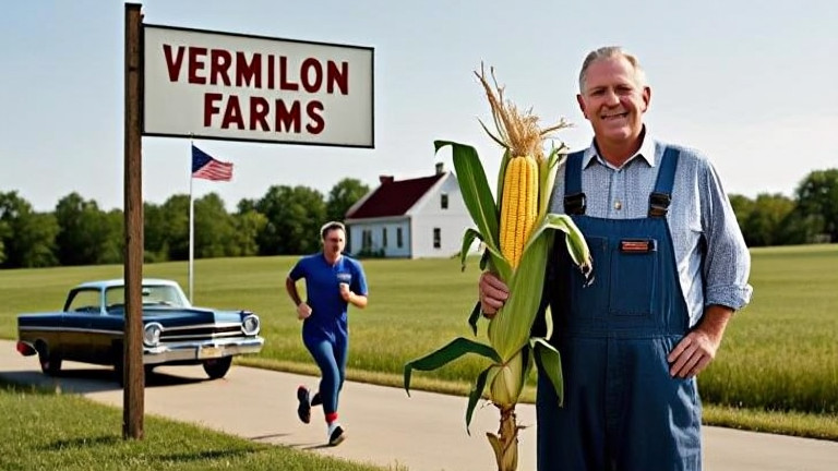 man in overalls holding corn stalk while standing on farm property with "Vermilion Farms" sign