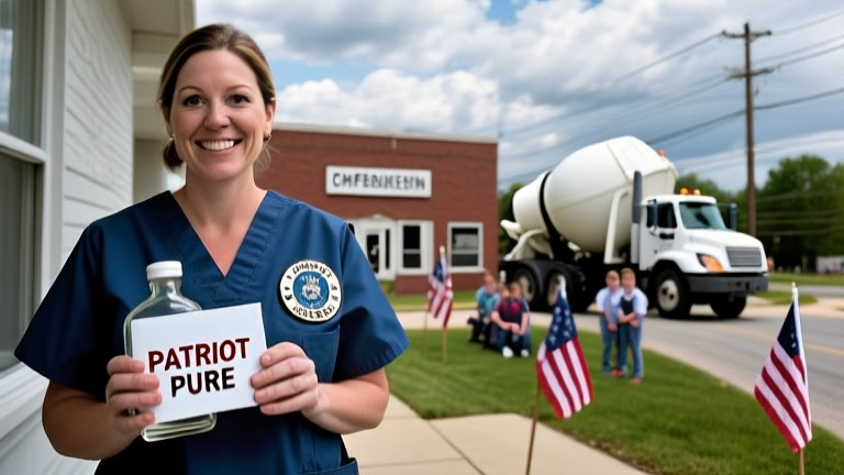 woman nurse in scrubs holding a glass bottle labeled "Patriot Pure" with a Vermilion city seal, smiling at a local clinic window